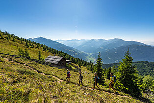 vorbei an grünen Wiesen und Bäumen wandern Mama, Papa und die zwei Töchter nach oben