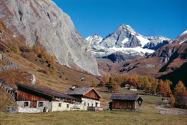 Im hintergrund erstrecken sich die Berge im Vordergrund die Wiesen und die Almen